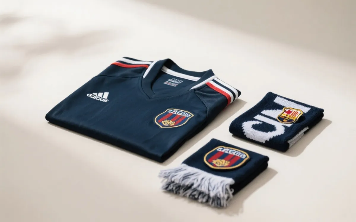 精致陈列的世界杯周边收藏：球衣折叠放置、围巾与徽章套装在柔光下展示