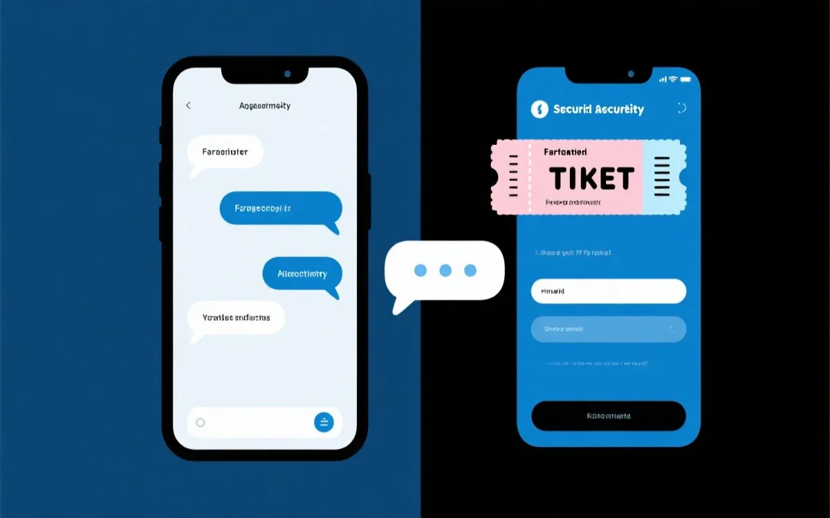 手机聊天界面与虚拟票务页面的对比插画，冷色调信息安全风格